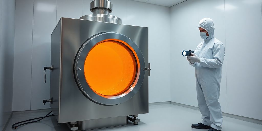 Technician beside glowing molten salt thorium reactor vessel in lab