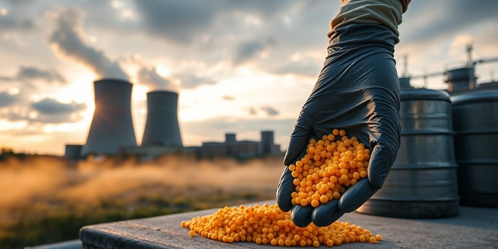 Gloved hands hold uranium pellets with cooling towers in background.