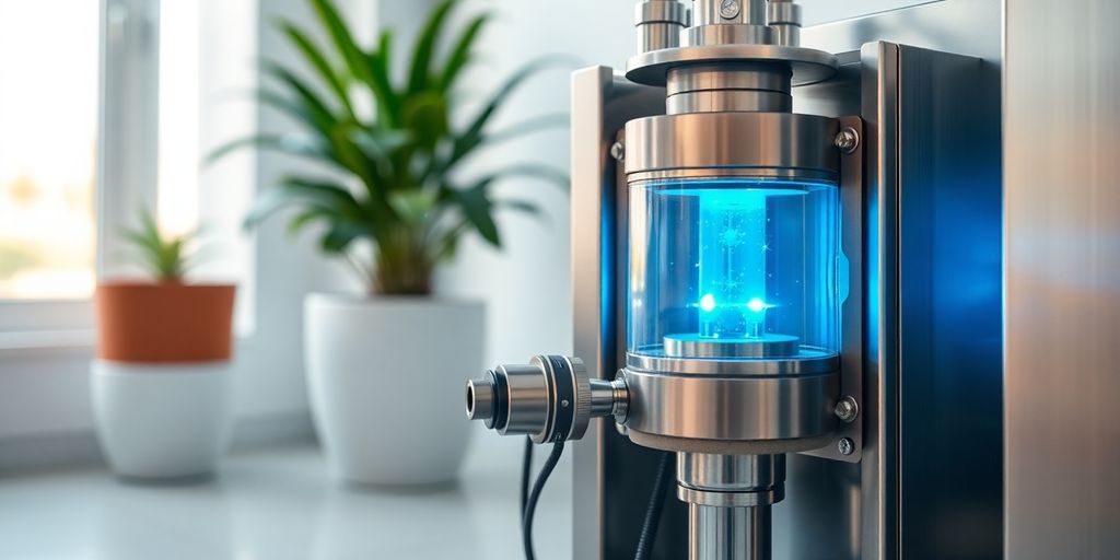 Photograph of small modular reactor unit with glowing blue core.