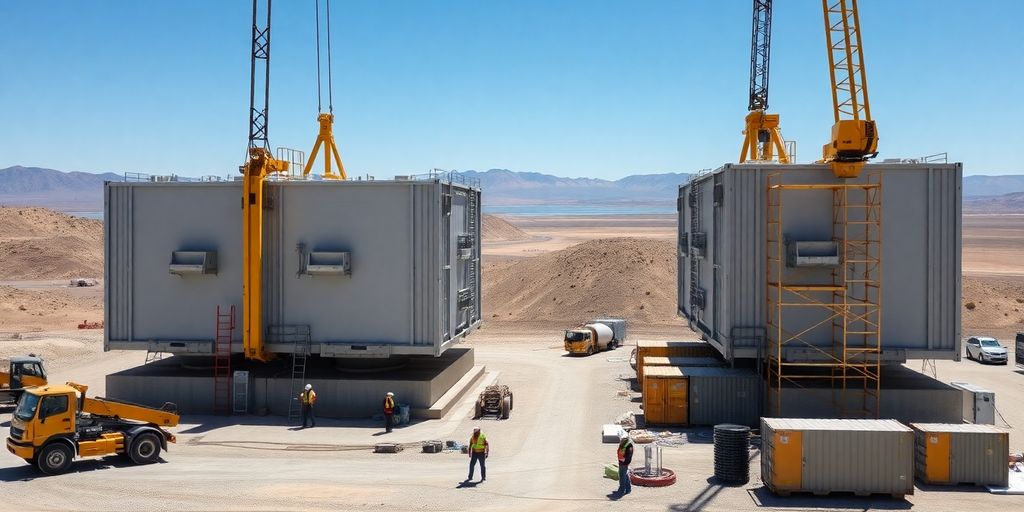 Cranes lift steel reactor modules at Idaho site under mountains