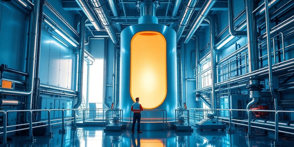 Interior of advanced nuclear reactor core with engineers inspecting equipment
