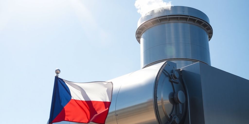Small modular nuclear reactor with Czech flag waving in foreground