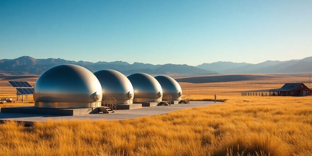 Metallic sunlit microreactors array on prairie with distant Wyoming mountains.