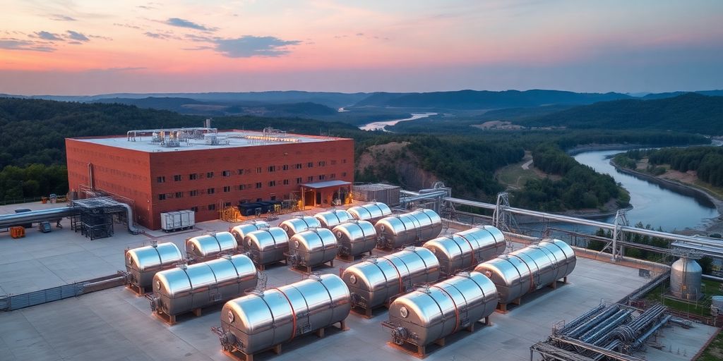 Industrial microreactor modules with metallic pipes by riverside plant sunset