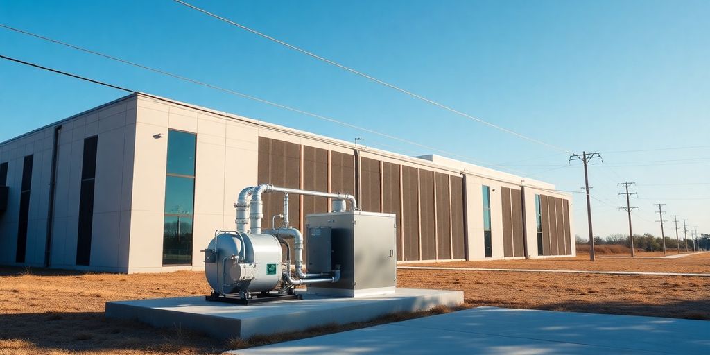Microreactor powering data center on Texas plain beneath clear sky.
