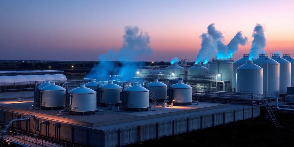 Small modular nuclear reactor with hydrogen tanks under dusky sky