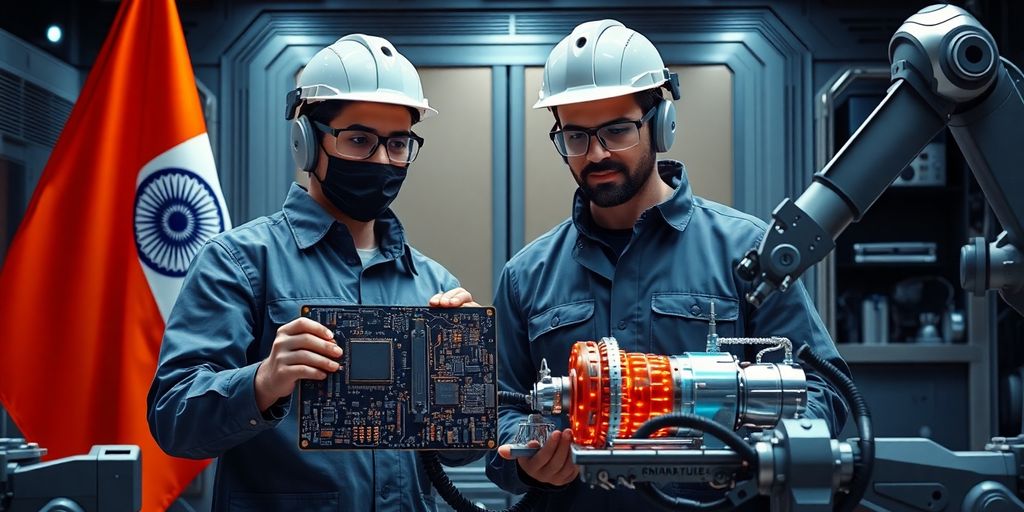 Engineers from India and France examining miniature reactor with AI