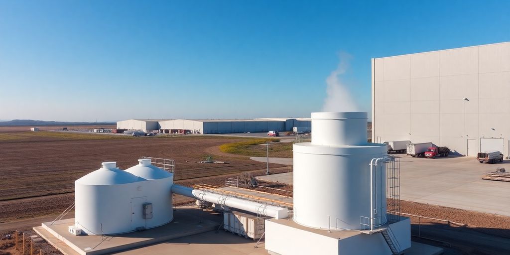 Small modular nuclear reactor modules near an industrial warehouse facility.