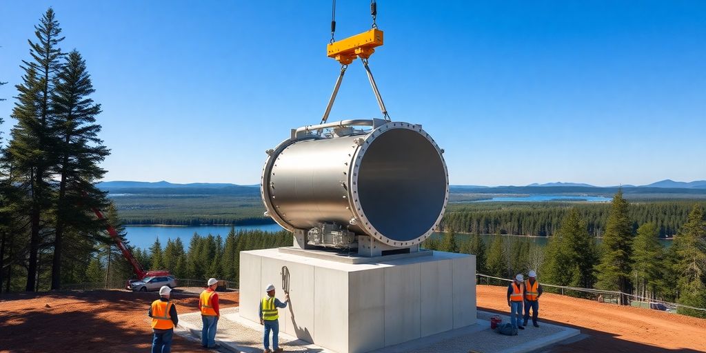 Crane lifting small modular reactor module over lakeside construction site.