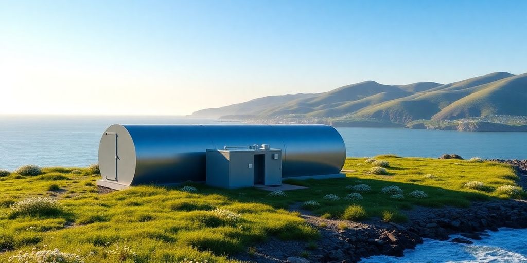 Small modular nuclear reactor on green coastal site at sunrise