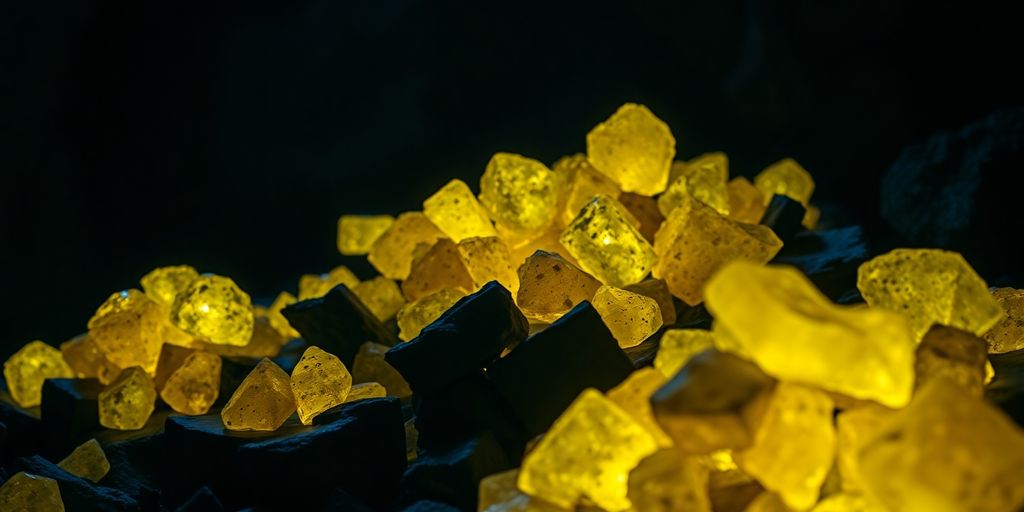 Glowing uranium ore in a dark mine shaft.