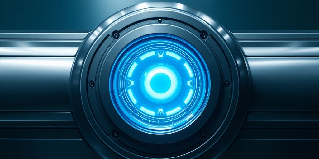 Nuclear reactor core with glowing blue energy.