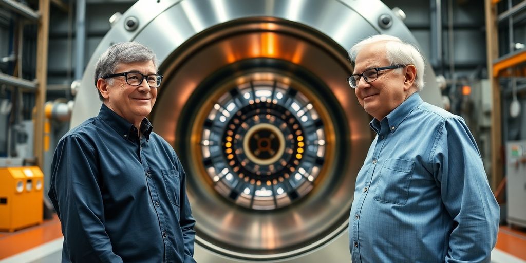 Gates and Buffett standing near futuristic nuclear reactor.