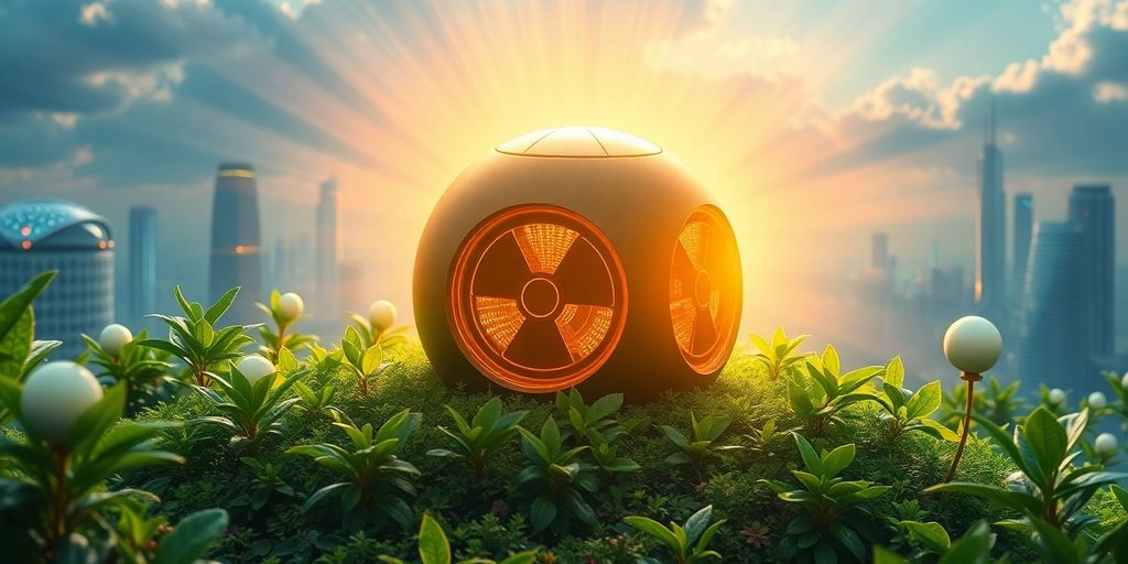 Nuclear microreactor powering a green, futuristic landscape.