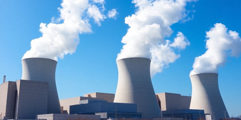 Nuclear power station with rising steam plumes.