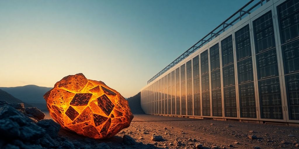 Uranium ore glowing near a futuristic data center.