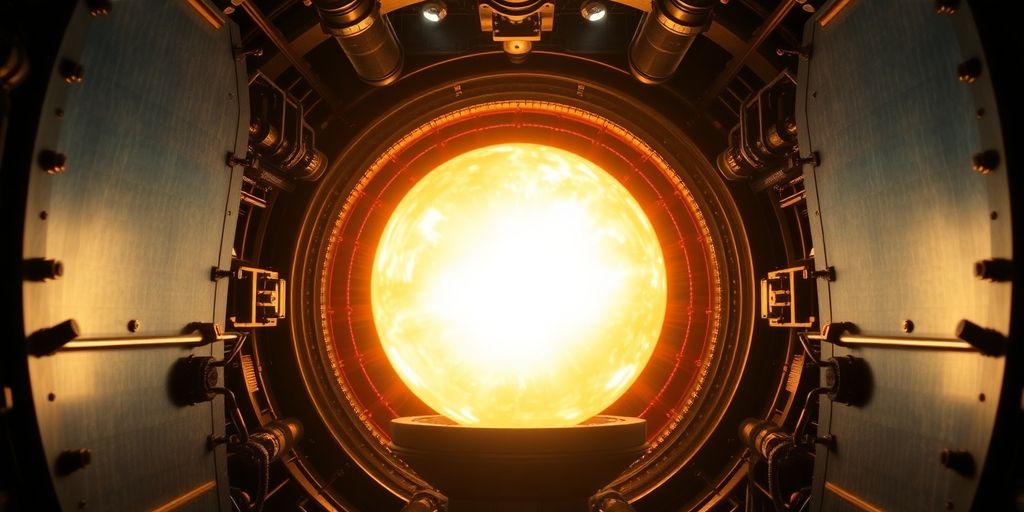 Bright plasma glow within a fusion reactor.