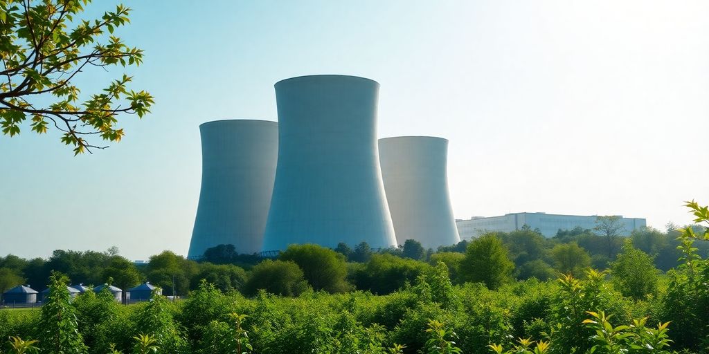 Nuclear power plant cooling towers with a green landscape.