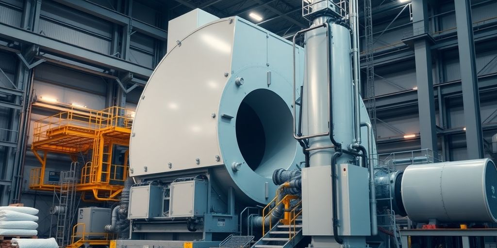 Nuclear reactor components at a factory site.