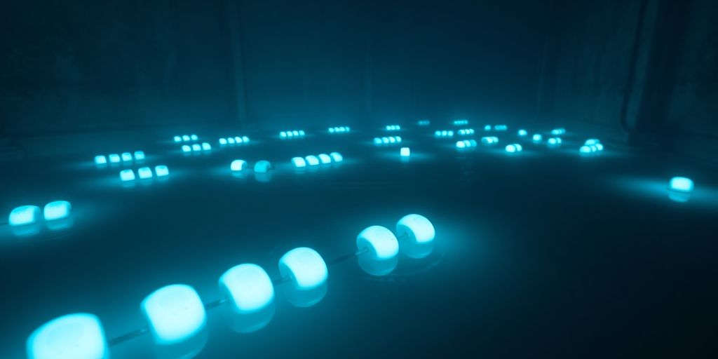 Nuclear fuel rods in a cooling pool.