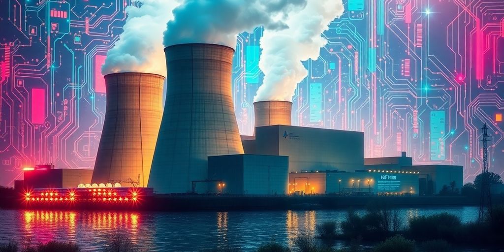 Nuclear power plant against a backdrop of glowing computer circuits.