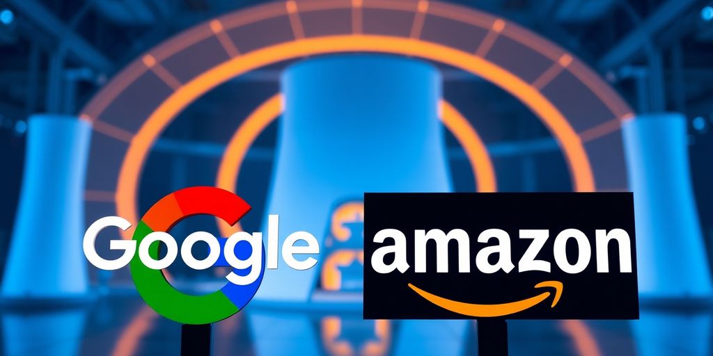 Google and Amazon logos alongside stylized nuclear reactor.