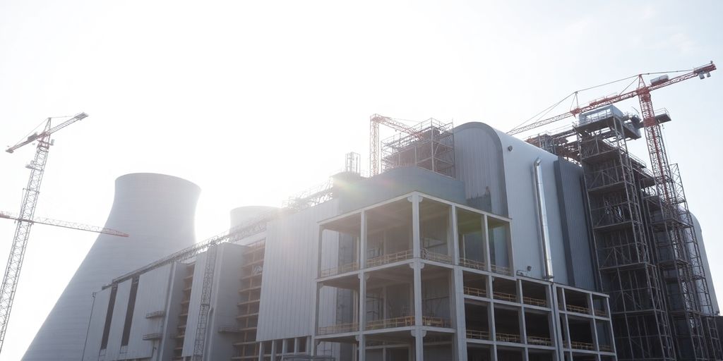 Modern nuclear reactor structure against a clear sky.