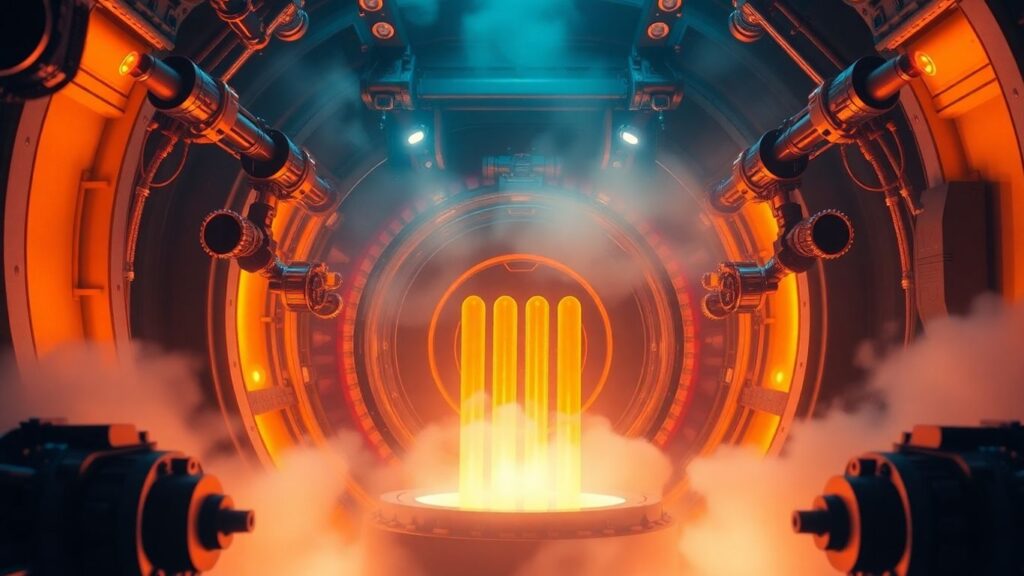 Thorium reactor core with glowing fuel rods and robotic arms.