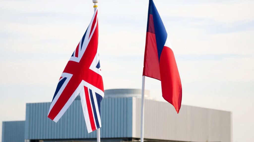 UK and Czech flags with a small modular reactor.