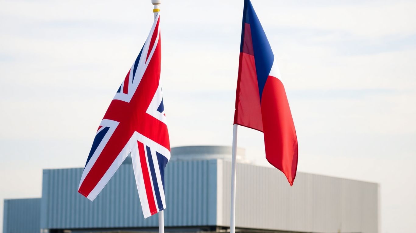 UK and Czech flags with a small modular reactor.