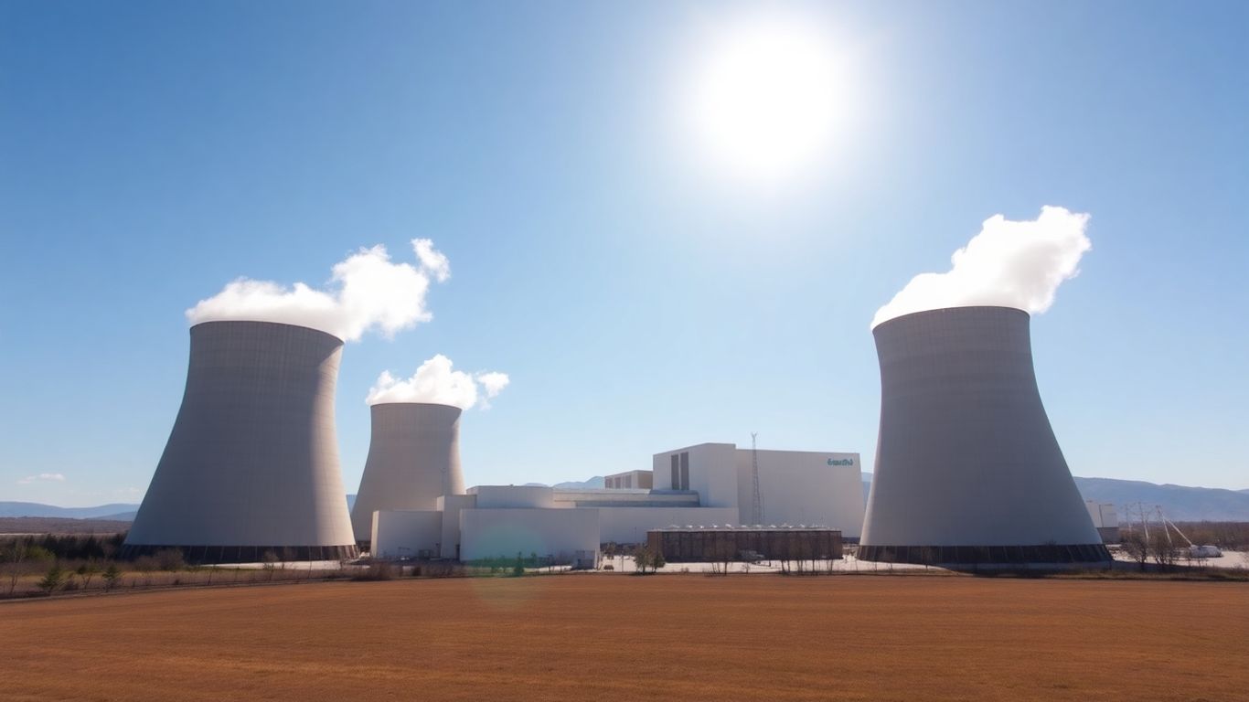 Nuclear power plant with steam against blue sky.