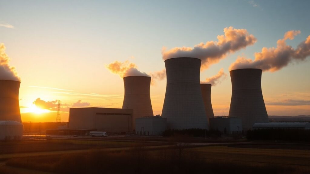 Nuclear power plant at sunset, immense scale and power.