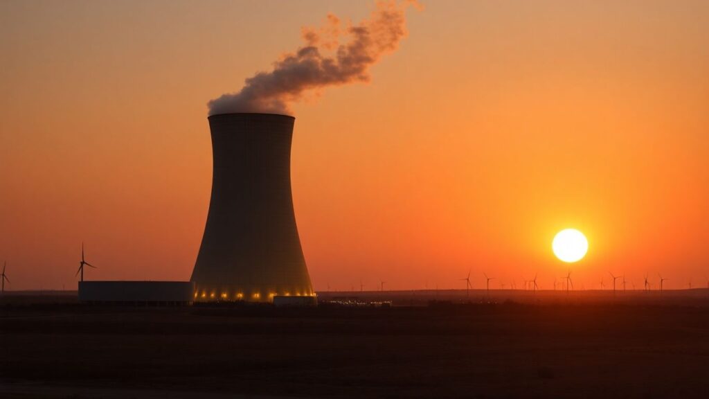 Futuristic nuclear reactor in Texas at sunset.