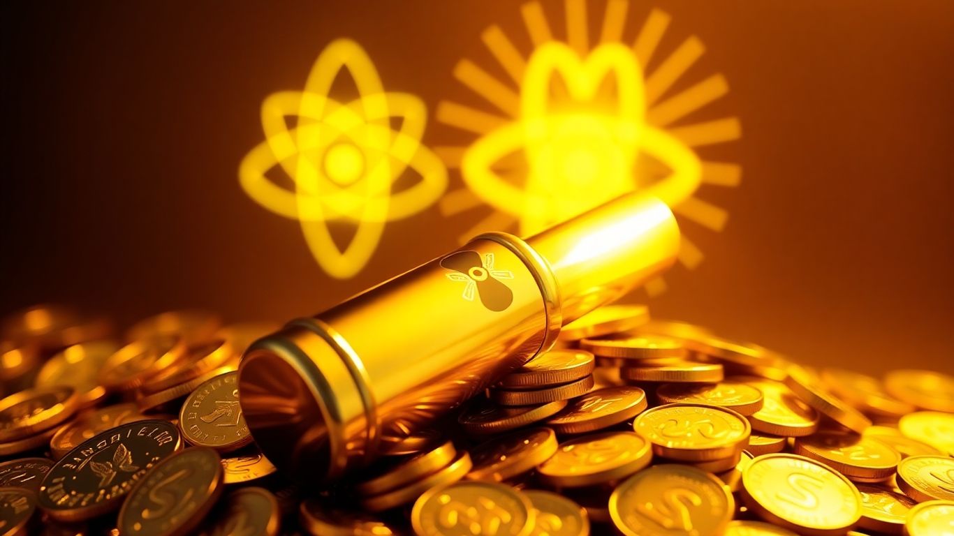 Uranium fuel rod with gold coins and atom symbol.