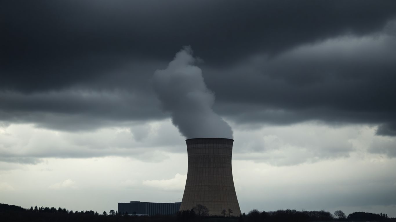 Nuclear power plant with steam rising against a dark sky.