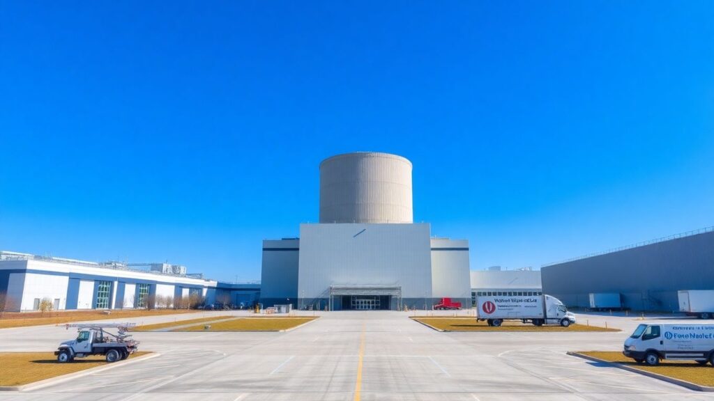Modern micro-reactor plant with clear blue skies.