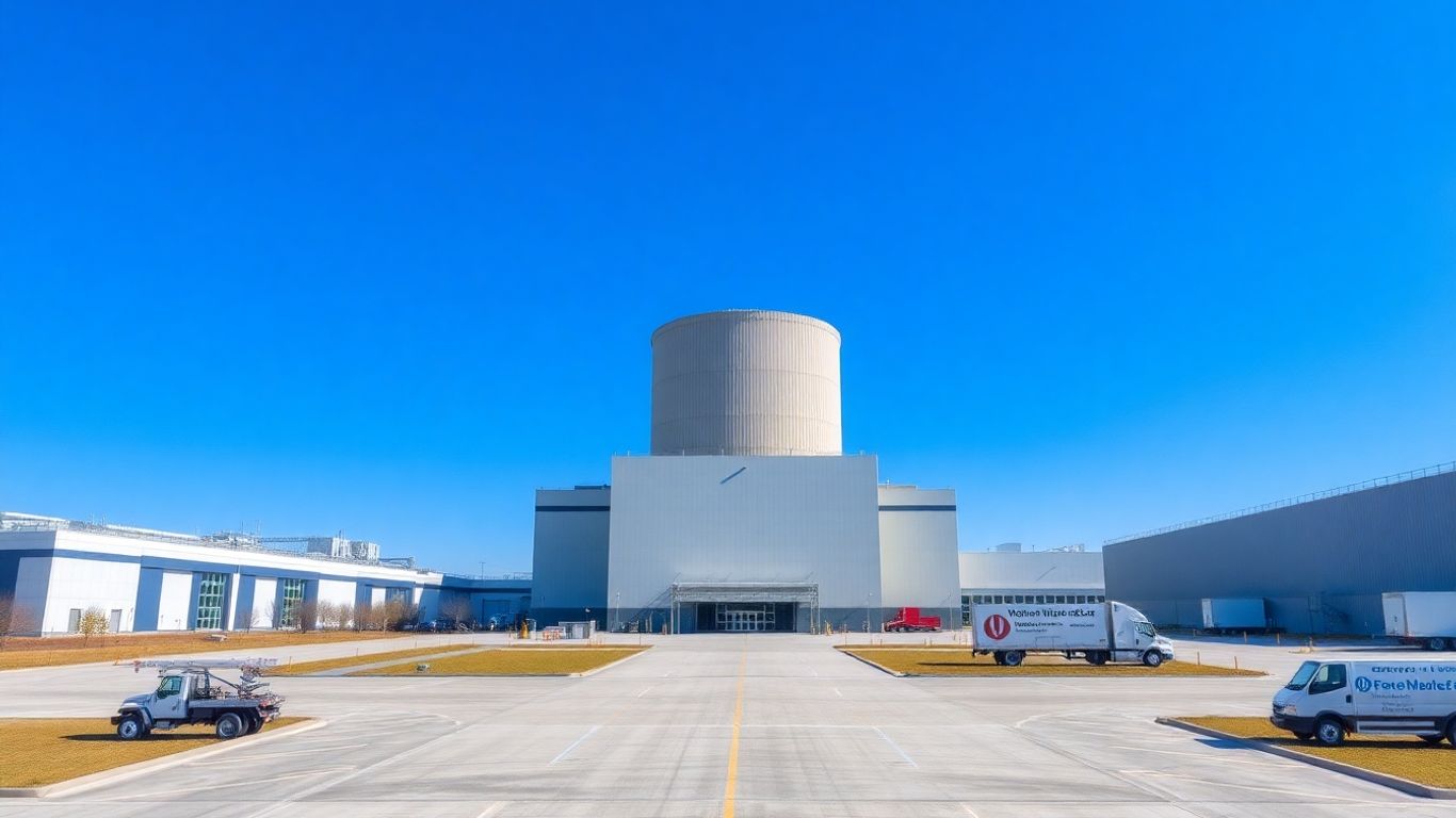 Modern micro-reactor plant with clear blue skies.
