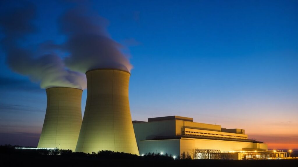 Nuclear power plant glowing at dusk.