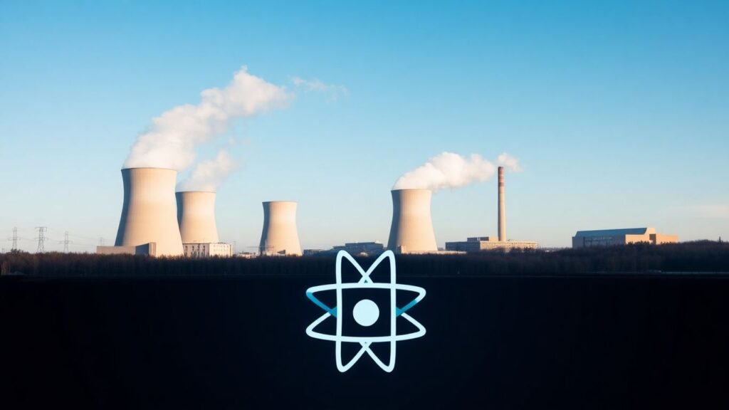 Nuclear power plant with atomic symbol.