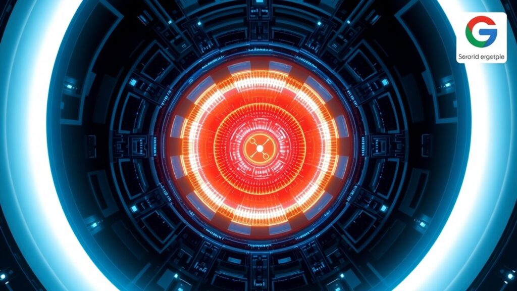 Nuclear reactor core with tech company logos in background.