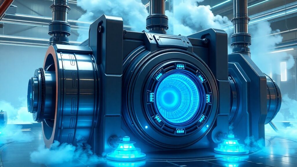 Futuristic nuclear reactor with glowing blue energy core.