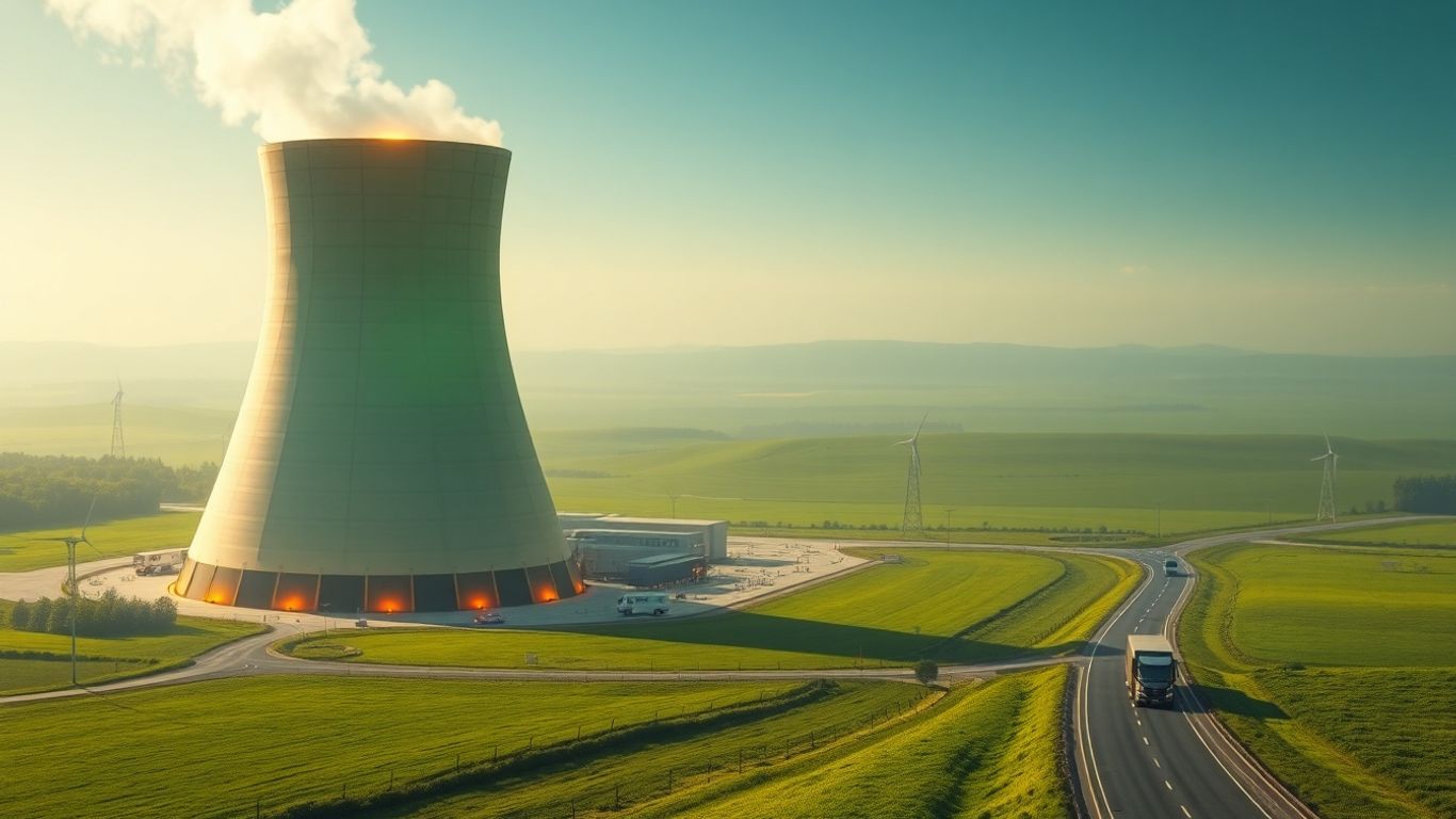 Nuclear reactor powering a green landscape with distant trucks.