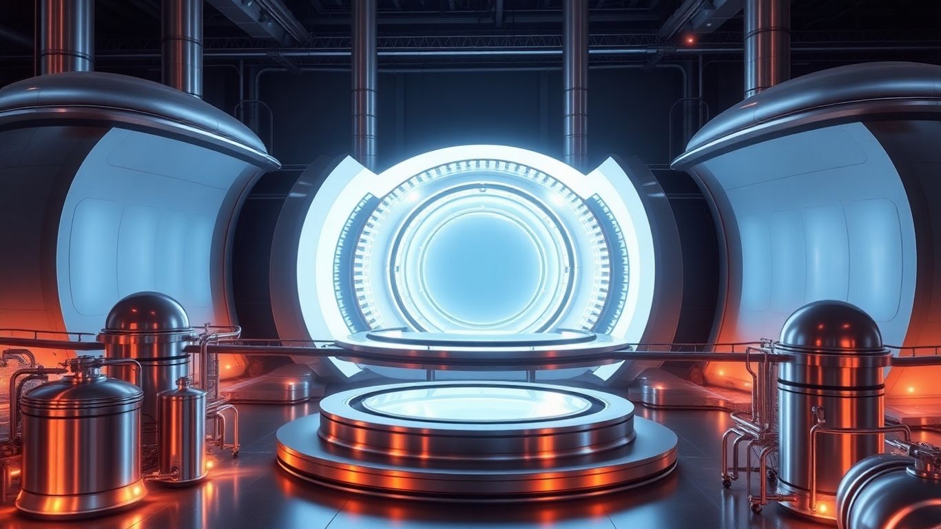 Futuristic nuclear reactor glowing with clean energy.