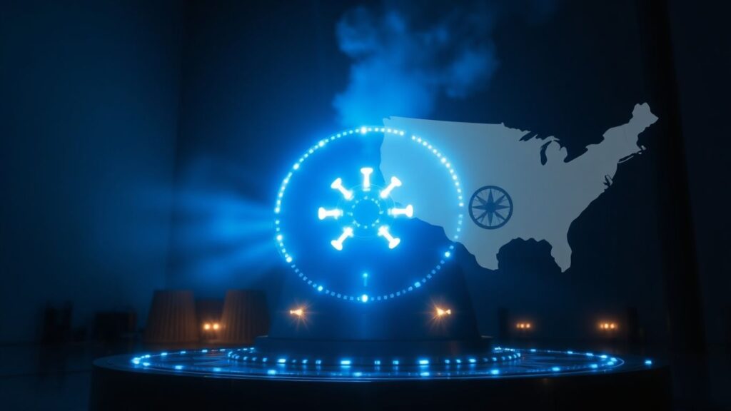Nuclear reactor core with glowing blue light and country outlines.
