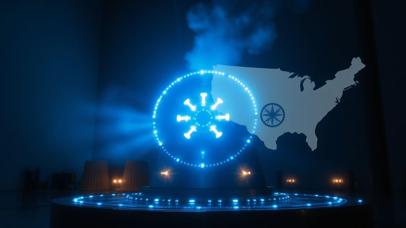Nuclear reactor core with glowing blue light and country outlines.