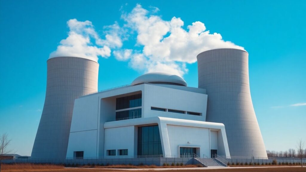 Modern small modular nuclear reactor facility with cooling towers.