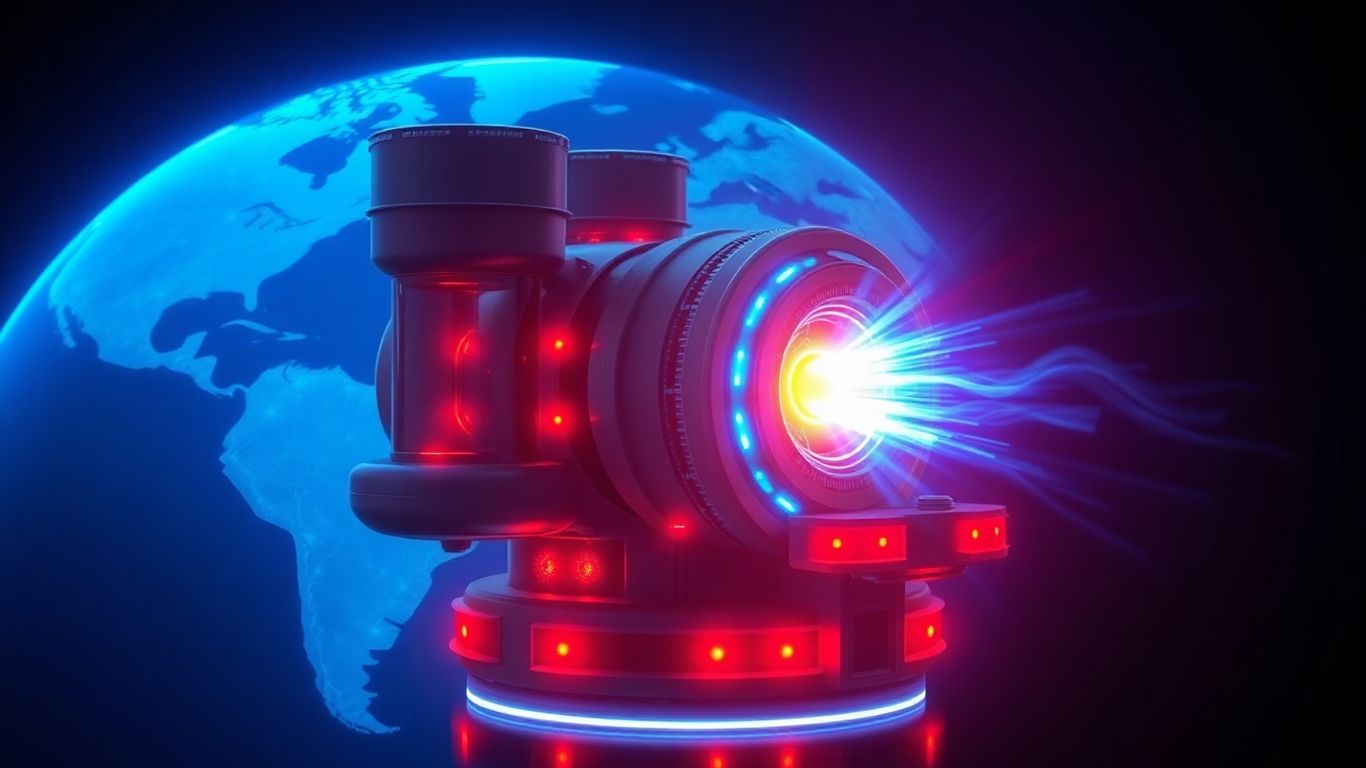 Futuristic nuclear reactor with glowing blue energy against a globe.