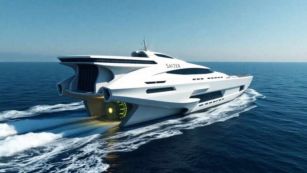 Futuristic ship with glowing reactor core on blue water.