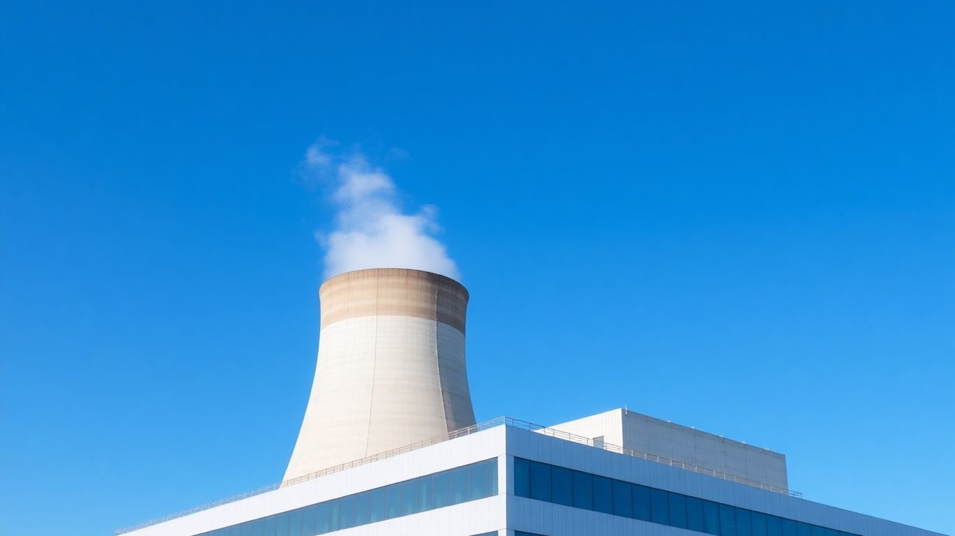 Modern nuclear reactor building with cooling tower.
