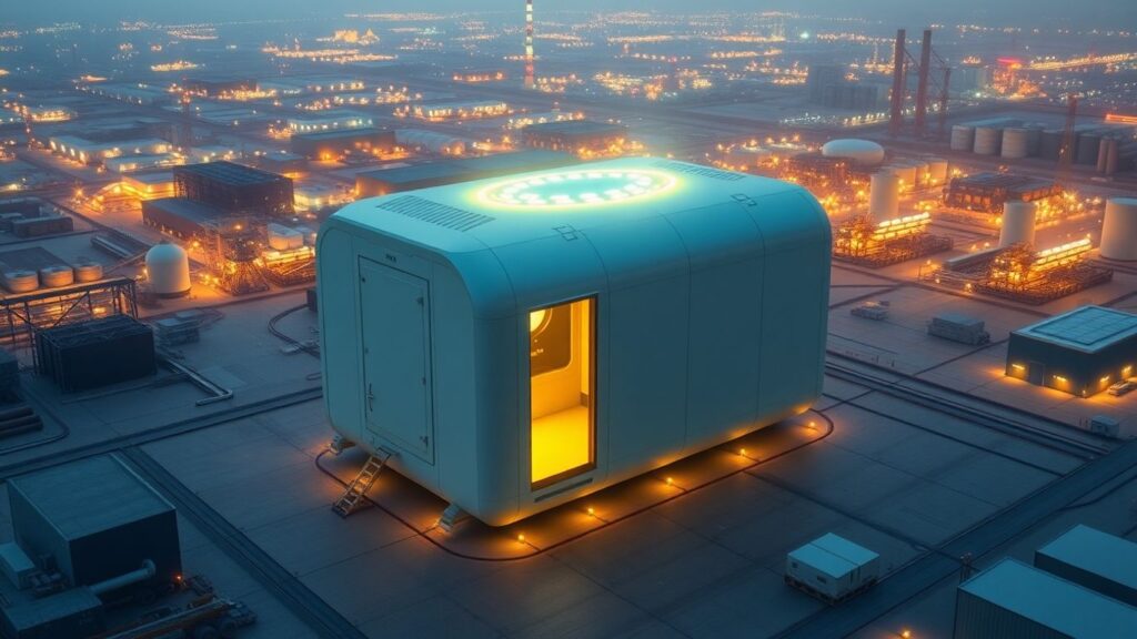 Small nuclear reactor glowing with clean energy.